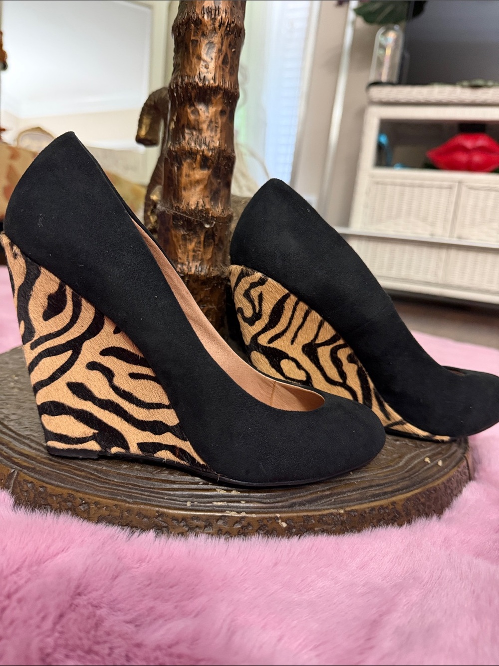 Black Suede Wedge Pumps with Tiger-Print Platform
